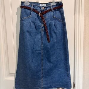 Blue Denim Maxi Skirt with Brown Braided Belt